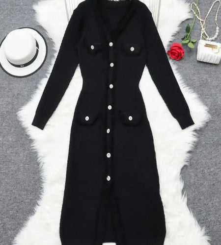 Autumn 2024 New Fashion White V-neck Long Sleeve Single Breasted Knit Long Dress Women Black Temperament Elegant Office Dresses