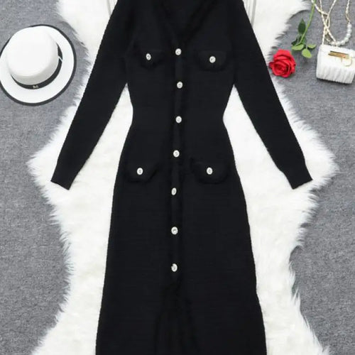 Load image into Gallery viewer, Autumn 2024 New Fashion White V-neck Long Sleeve Single Breasted Knit Long Dress Women Black Temperament Elegant Office Dresses
