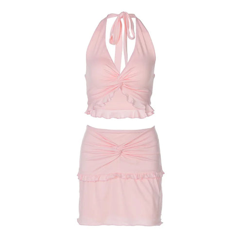 Load image into Gallery viewer, Ruffle Sexy Skirt Two Piece Sets Women Halter Lace-up Crop Top And Mini Skirt Female Beach Club Party 2 Piece Set
