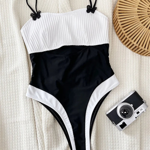 Load image into Gallery viewer, Black White Halter One Piece Swimsuit 2024 Swimwear for Women Sexy Patchwork Bathing Suit High Waist Monokini
