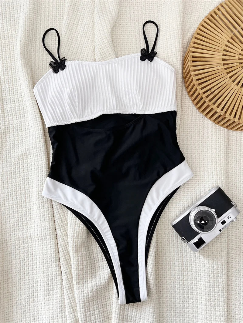 Black White Halter One Piece Swimsuit 2024 Swimwear for Women Sexy Patchwork Bathing Suit High Waist Monokini