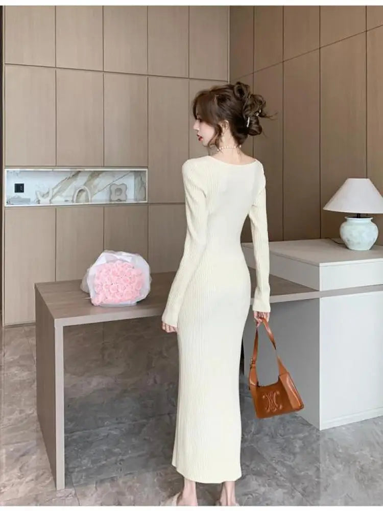 Autumn Winter French Fashion Long Sleeves Knitted Dresses Women's Elegant Square Neck Office Lady Wrap Hip Dress Simplicity Slim
