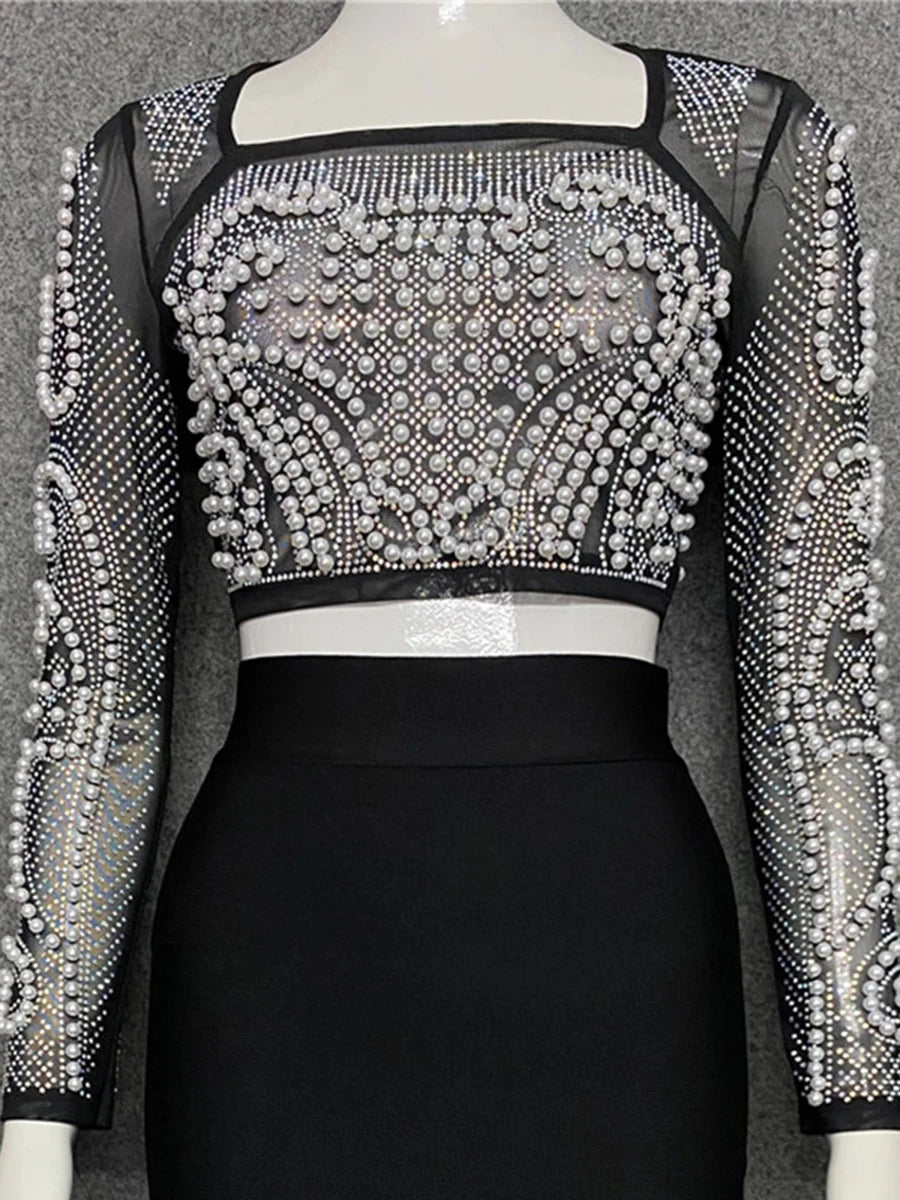 Solid Slimming Two Piece Set For Women Square Neck Long Sleeve Top High Waist Temperament Skirts Female Style New