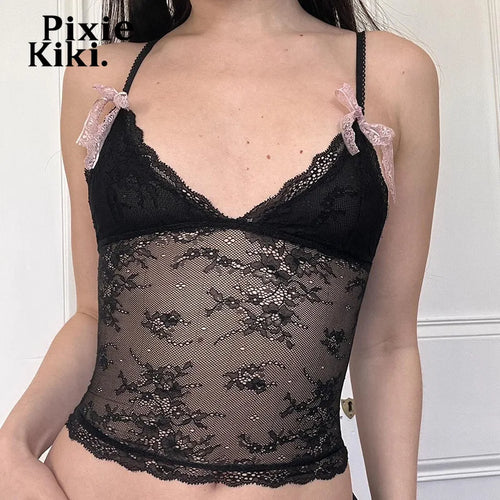 Load image into Gallery viewer, Transparent Lace Mesh Black Tanks &amp; Camis Harajuku Y2k Sexy Deep V Backless Crop Top Summer Clothes Women 2024 P84BC10
