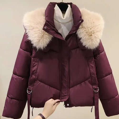 Load image into Gallery viewer, Korean Version 2024 New Casual Solid Hooded Fur Neck Short Cotton Padded Jacket Winter Retro Zipper Bread Down Thick Coat Street
