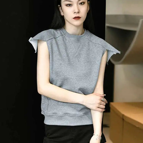 Load image into Gallery viewer, Women Gray Black Shoulder Shaped Casual T-shirt New Round Neck Sleeveless Fashion Tide Spring Summer 2025 1DD9652
