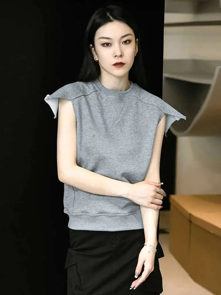 Women Gray Black Shoulder Shaped Casual T-shirt New Round Neck Sleeveless Fashion Tide Spring Summer 2025 1DD9652