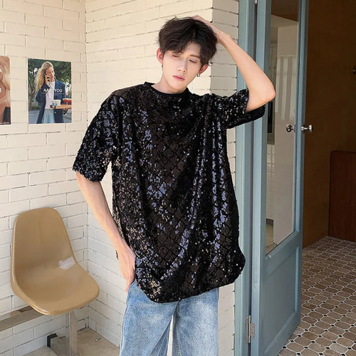 Load image into Gallery viewer, Stylish Men&#39;s T-shirts Loose Round Neck Short Sleeve Sequins Design Pullover Male Tops Summer Men Trend 2024 9C6102
