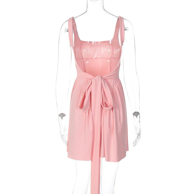 Elegant Backless Bow Mini Dress For Women 2023 Autumn New Square Collar Sleeveless Ruffles Sexy Dress Vintage Fashion