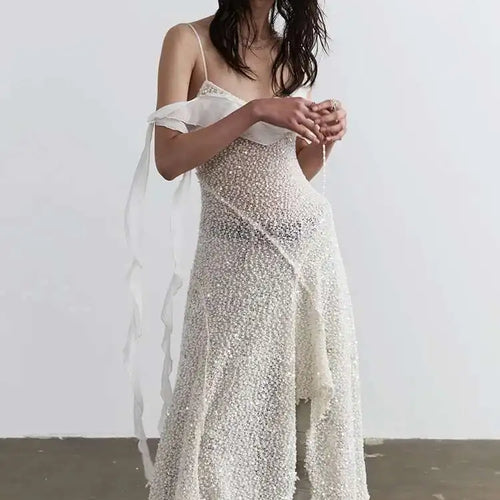 Load image into Gallery viewer, Women Beige Burr Perspective Sequins Irregular Long Spaghetti Strap Dress New Fashion Tide Spring Autumn 2025 1DH4725

