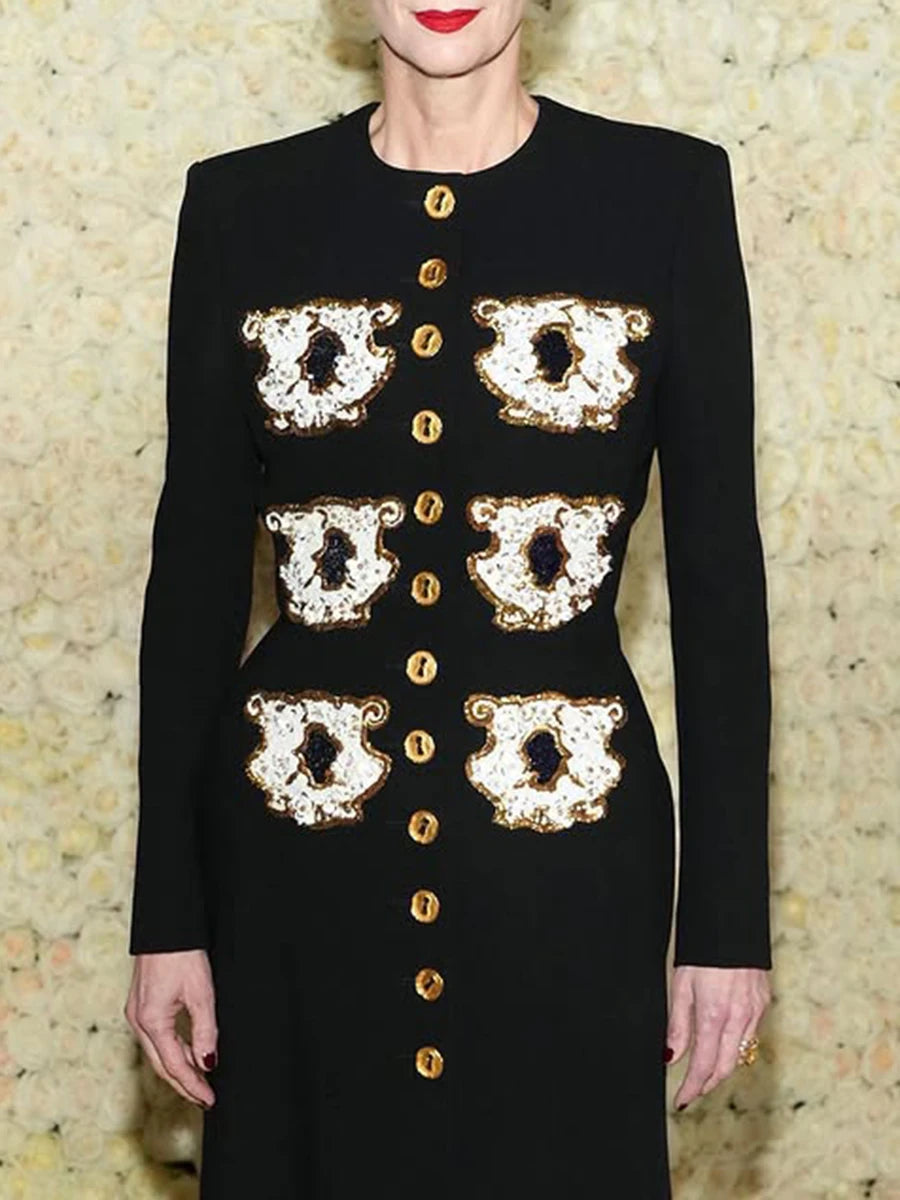 Personality Pattern Patchwork Long Coat Round Neck Long Sleeve Hit Color Elegnat Jacket Female Fashion