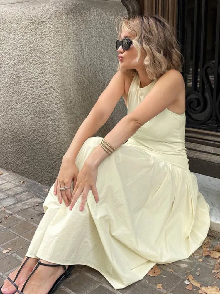 Patchwork Sleeveless Maxi Dress For Women Autumn New Casual Solid O Neck Loose A-line Long Tank Dress Elegant Fashion