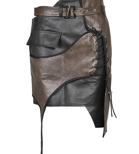 High Waist Belted Brown  Irregular Pu Leather String Half-body Skirt Women Fashion Tide New Spring Autumn 2025 1DE422916