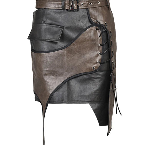 Load image into Gallery viewer, High Waist Belted Brown  Irregular Pu Leather String Half-body Skirt Women Fashion Tide New Spring Autumn 2025 1DE422916
