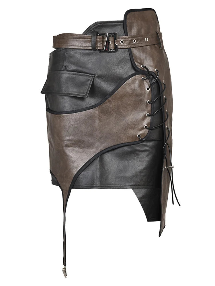 High Waist Belted Brown  Irregular Pu Leather String Half-body Skirt Women Fashion Tide New Spring Autumn 2025 1DE422916