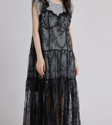 Women Gray Lace Perspective Big Size Midi Dress New Round Neck Short Sleeve Fashion Tide Spring Summer 2025 1DJ1429