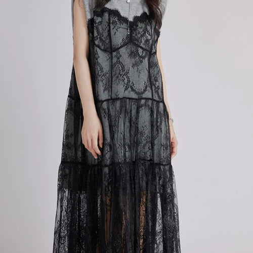 Load image into Gallery viewer, Women Gray Lace Perspective Big Size Midi Dress New Round Neck Short Sleeve Fashion Tide Spring Summer 2025 1DJ1429
