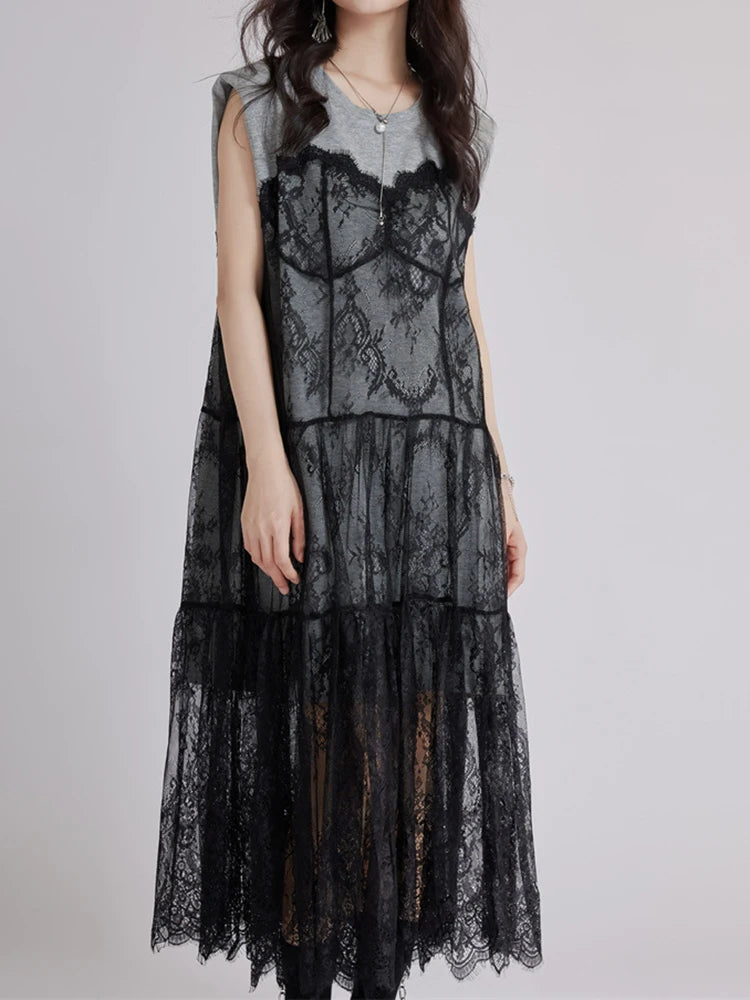 Women Gray Lace Perspective Big Size Midi Dress New Round Neck Short Sleeve Fashion Tide Spring Summer 2025 1DJ1429