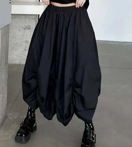 High Elastic Waist Black Pleated Irregular Shaped A-line Half-body Skirt Women Fashion Tide New Spring Autumn 2025 1DH9135