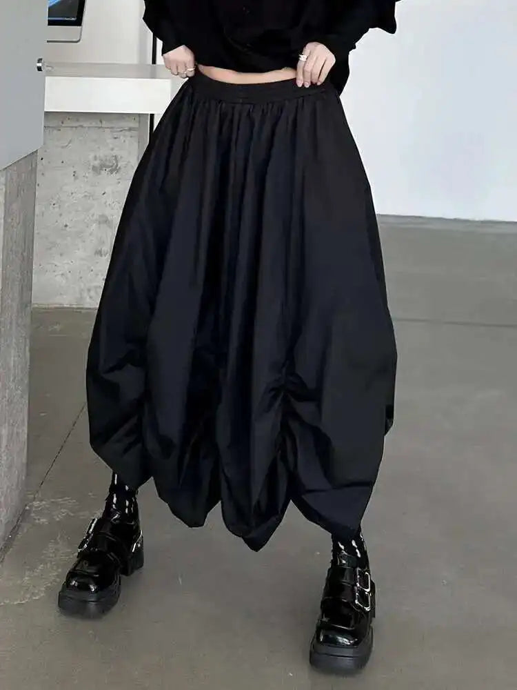 High Elastic Waist Black Pleated Irregular Shaped A-line Half-body Skirt Women Fashion Tide New Spring Autumn 2025 1DH9135