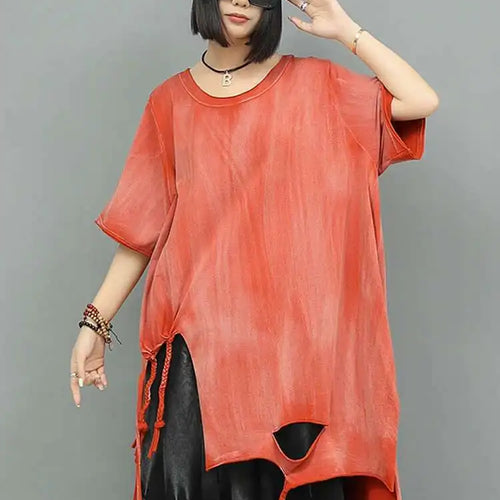 Load image into Gallery viewer, Women Orange Red Holes Big Size Casual Long T-shirt New Round Neck Half Sleeve Fashion Tide Spring Autumn 2025 1DJ0279
