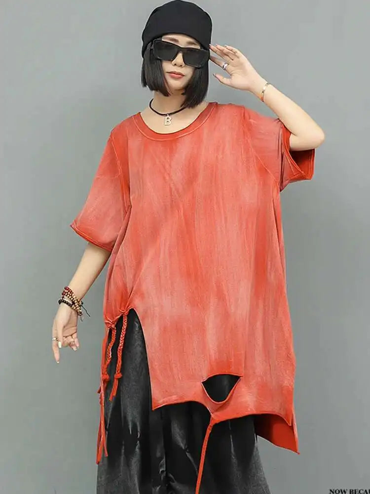 Women Orange Red Holes Big Size Casual Long T-shirt New Round Neck Half Sleeve Fashion Tide Spring Autumn 2025 1DJ0279