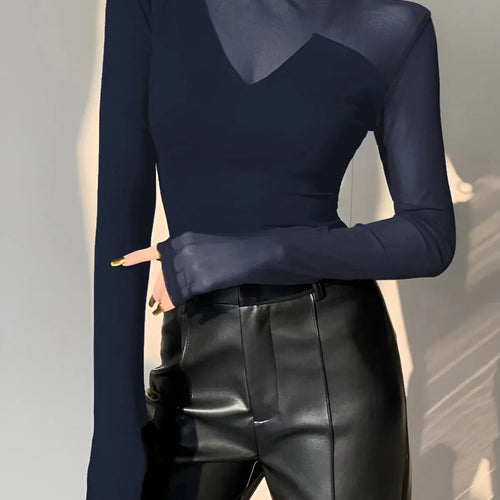 Load image into Gallery viewer, Summer Mesh Sexy T-Shirts Tops for Women Blue Black Long Sleeve Woman Asymmetric Skinny Green Tops Blouse
