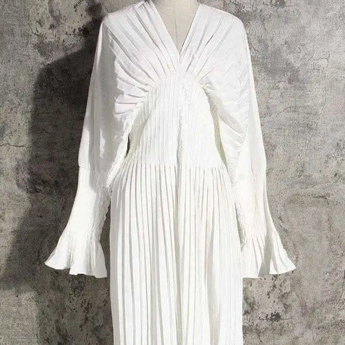 Load image into Gallery viewer, Women White Pleated Elegant Big Size Midi Shirt Dress New V-Neck Long Flare Sleeve Fashion Tide Spring Autumn 2025 1W3260
