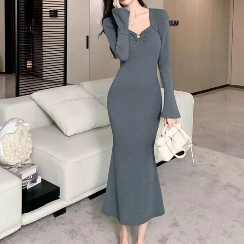 Load image into Gallery viewer, Autumn Winter 2024 Korean Black Square Neck Long Sleeved Dress Women Retro Grey Elegant Office Slim Wrap Hip Fishtail Dress Chic
