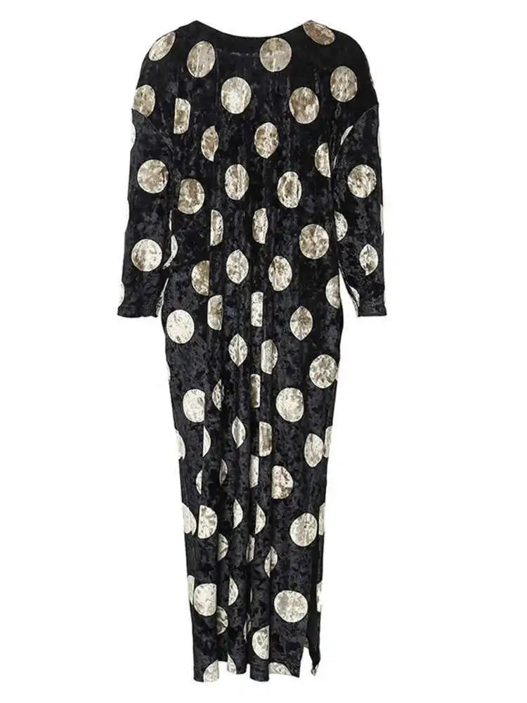 Women Black Dot Velvet Big Size Elegant Dress New Round Neck Long Sleeve Loose Fit Fashion Tide Spring Autumn 2025 1DH2819