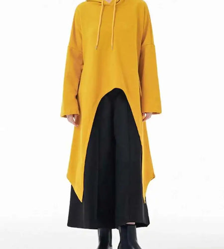 Yellow Irregular Midi Sweatshirt New Hooded Drawstring Long Sleeve Women Big Size Fashion Tide Spring Autumn 2025 1DH3876
