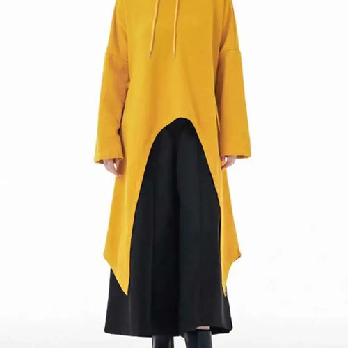 Load image into Gallery viewer, Yellow Irregular Midi Sweatshirt New Hooded Drawstring Long Sleeve Women Big Size Fashion Tide Spring Autumn 2025 1DH3876
