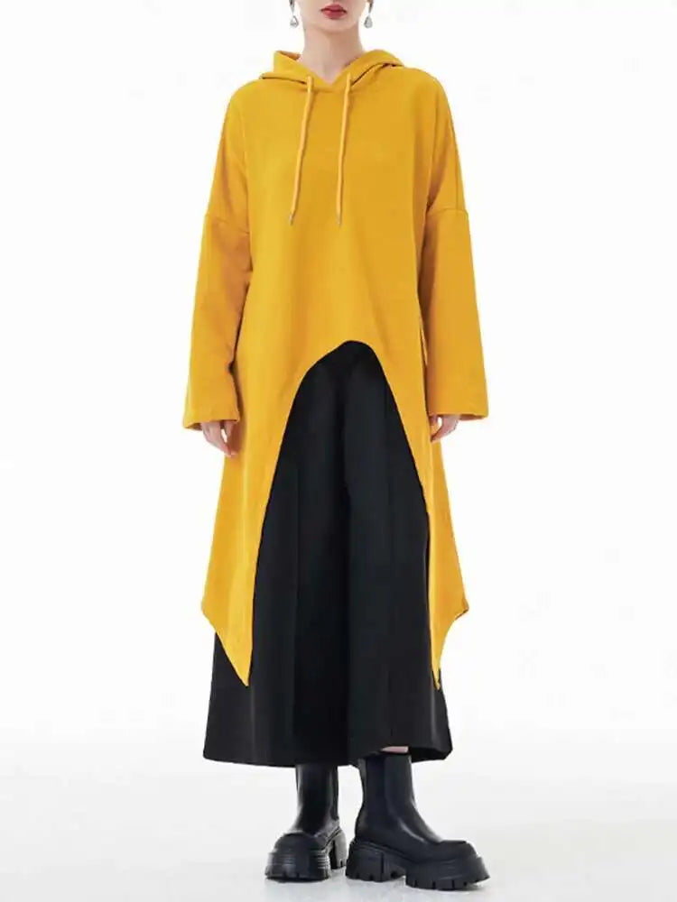 Yellow Irregular Midi Sweatshirt New Hooded Drawstring Long Sleeve Women Big Size Fashion Tide Spring Autumn 2025 1DH3876
