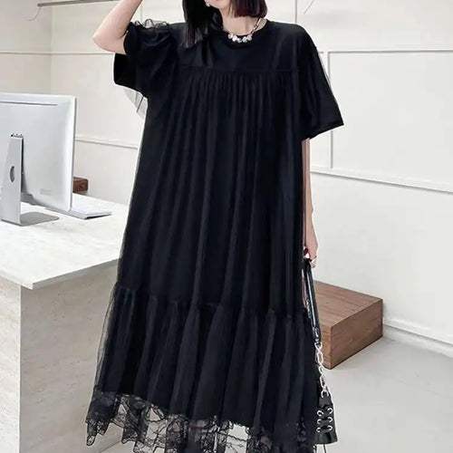 Load image into Gallery viewer, Women Black Mesh Spliced  Elegant Big Size Midi Dress New Round Neck Short Sleeve Fashion Tide Spring Summer 2025 1DH5056
