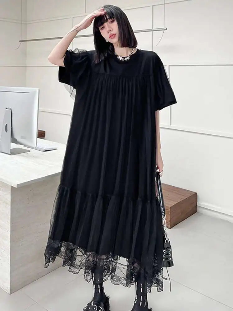 Women Black Mesh Spliced  Elegant Big Size Midi Dress New Round Neck Short Sleeve Fashion Tide Spring Summer 2025 1DH5056
