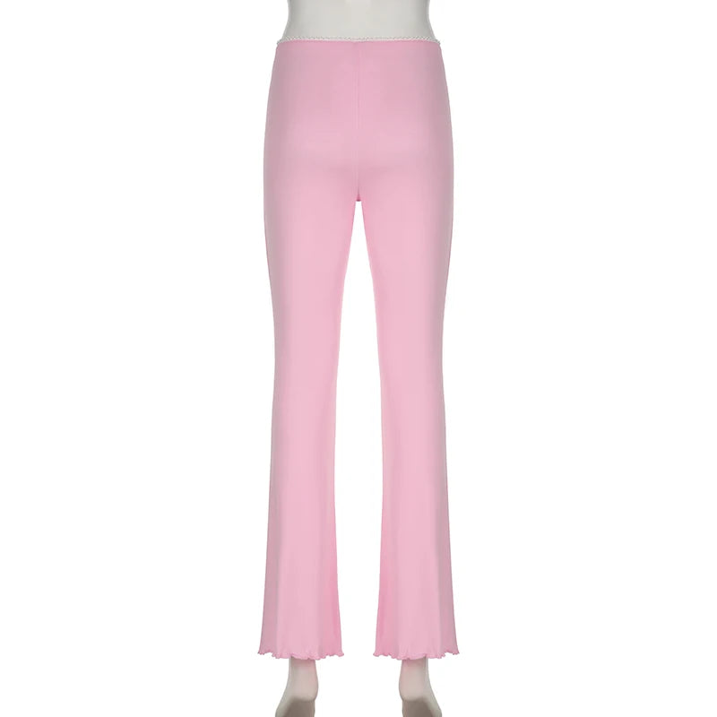 Casual Ruched Skinny Pink Women Pants Sweet Homewear Appliques Sporty Chic Flare Trousers All-Match Sweatpants Korean