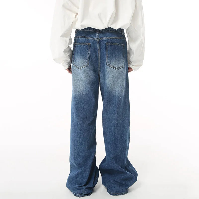 Baggy Jeans Trend Men's Korean Style Loose Wide Leg Denim Trousers Fashion Vintage Mid High Waisted Casual Pants 9C1226