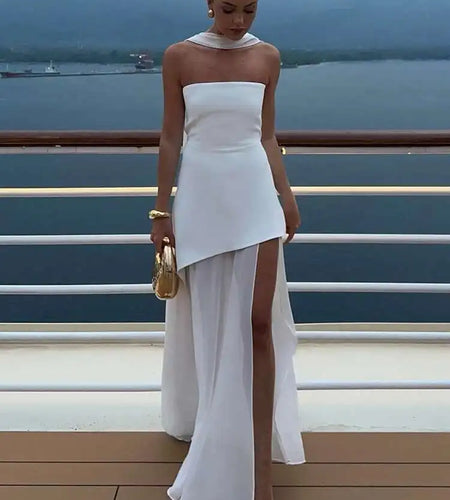 Elegant Strapless Sexy Maxi Dress For Women Gown With Scarf Off-shoulder Sleeveless Backless Split Beach Long Dress