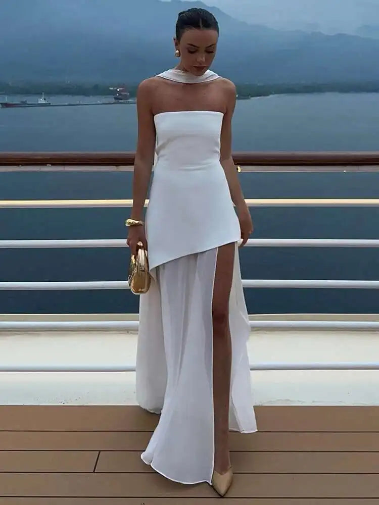 Elegant Strapless Sexy Maxi Dress For Women Gown With Scarf Off-shoulder Sleeveless Backless Split Beach Long Dress