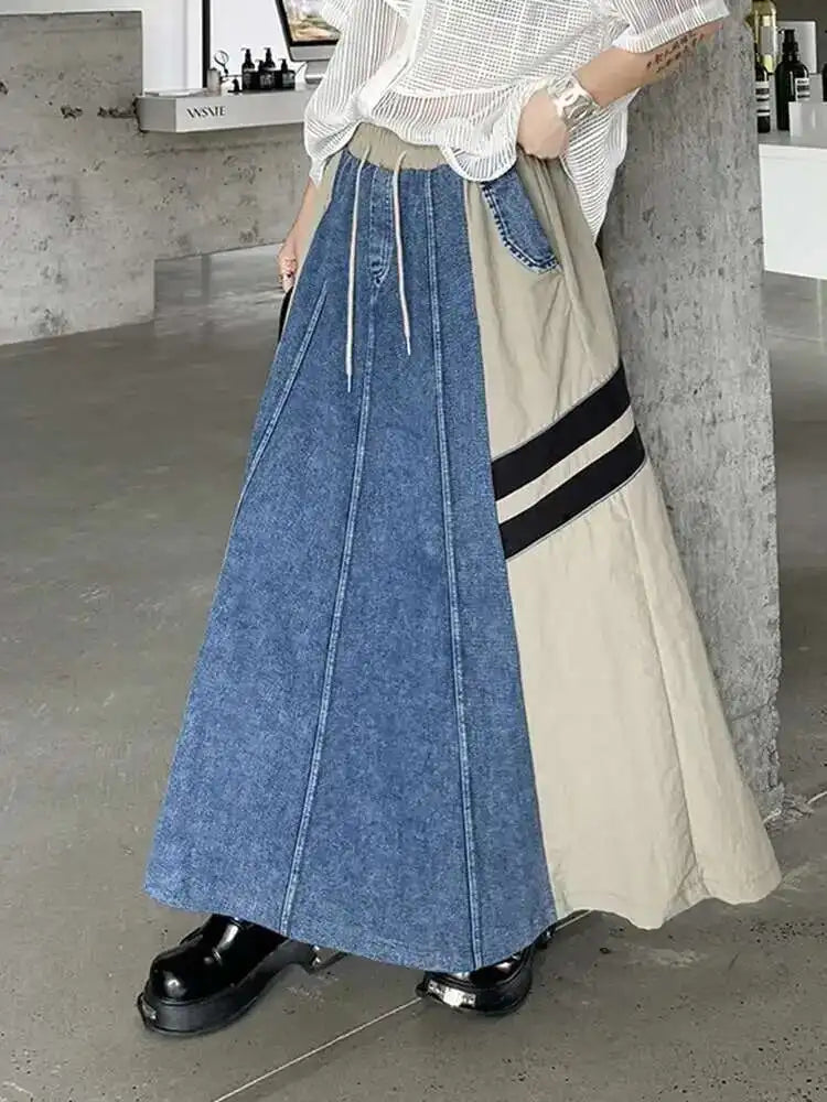 High Elastic Waist Apricot Striped Denim Color-block Half-body Skirt Women Fashion Tide New Spring Autumn 2025  1DH6462