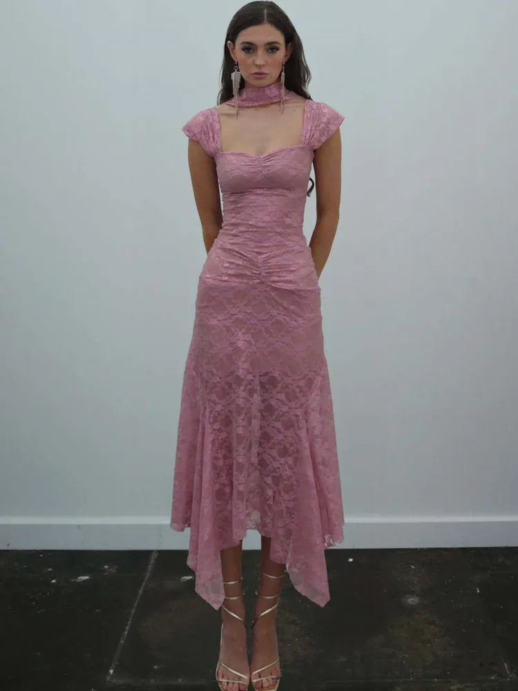 Elegant Sleeveless Lace Patchwork Women Set Perspective Slim Irregular Two Piece Set Elegant Party Club Evening Dress