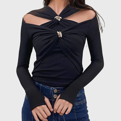 Load image into Gallery viewer, Patchwork Metal Buckle Crisscross Slimming T Shirts For Women Round Neck Long Sleeve Hollow Out Casual T Shirt Female Style
