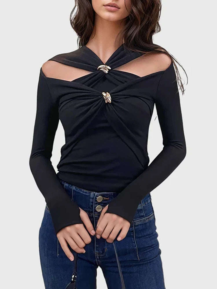 Patchwork Metal Buckle Crisscross Slimming T Shirts For Women Round Neck Long Sleeve Hollow Out Casual T Shirt Female Style