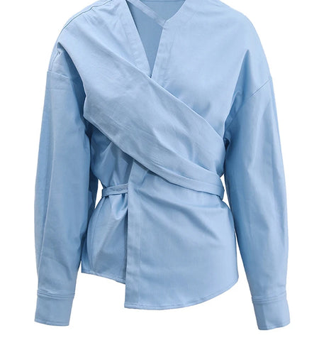 Women Light Yellow Irregular Corss Big Size Elegant Blouse New V-neck Long Sleeve Shirt Fashion Spring Autumn 2025 26D4283