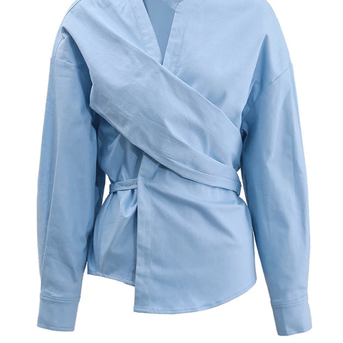 Load image into Gallery viewer, Women Light Yellow Irregular Corss Big Size Elegant Blouse New V-neck Long Sleeve Shirt Fashion Spring Autumn 2025 26D4283
