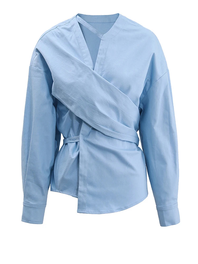 Women Light Yellow Irregular Corss Big Size Elegant Blouse New V-neck Long Sleeve Shirt Fashion Spring Autumn 2025 26D4283