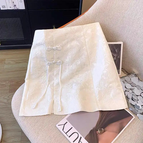 Load image into Gallery viewer, Chinese Style Vintage White Elegant Split Mini Skirt Spring Summer Fashion Black High Waist Party Short Skirt Women Clothing New
