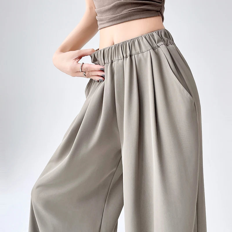 French Simplicity Solid Loose High Waisted Pockets Wide Leg Long Pants For Women's Spring Summer Casual Pleated Trousers Fashion