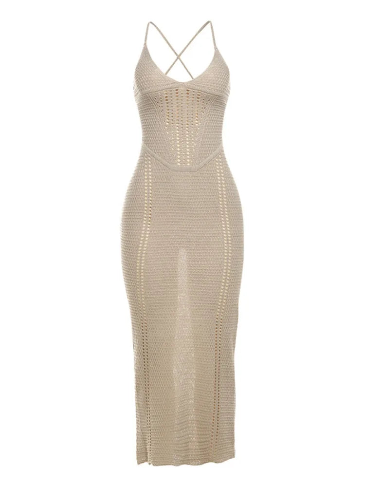 Women's Knitted Sweater Dress, Hollow Out Dress, Sexy Lace Up, Large Open Back, Evening Party, Club, New, 2024, Summe