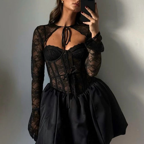 Load image into Gallery viewer, Black Lace Puffball Sexy Mini Dress For Women Fashion Lace-up Sheer Long Flare Sleeve High Waist Club Party Dress
